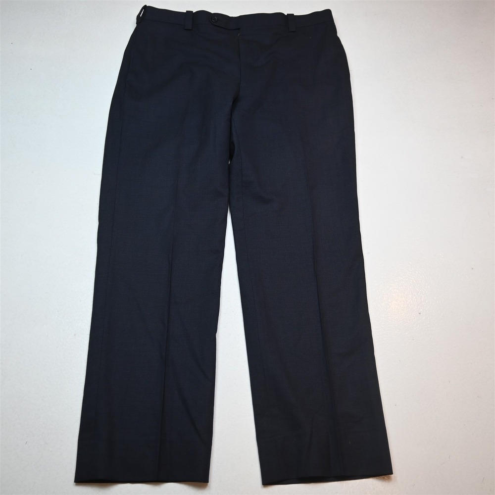 Tom James 36x30 Navy Blue Check‎ Wool Flat Front Straight Dress Mens Pants